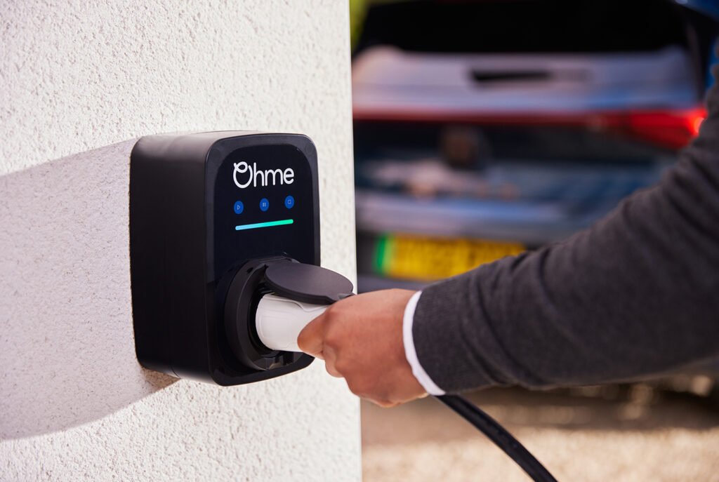 Ohme ePod EV charger with charging cable connected